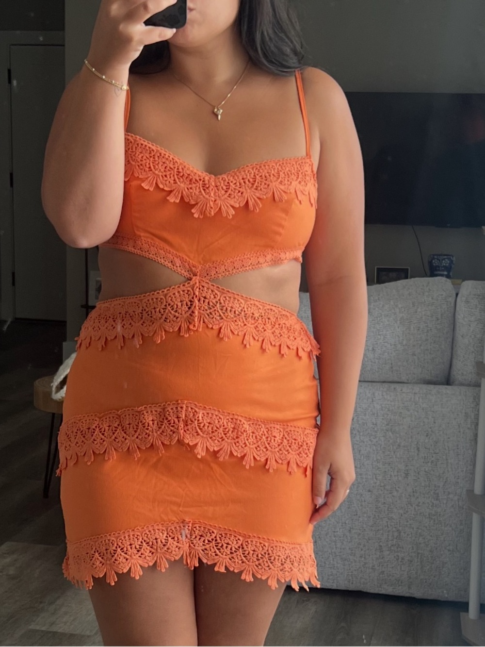 Women's Orange Lace-Trim Cutout Mini Skirt